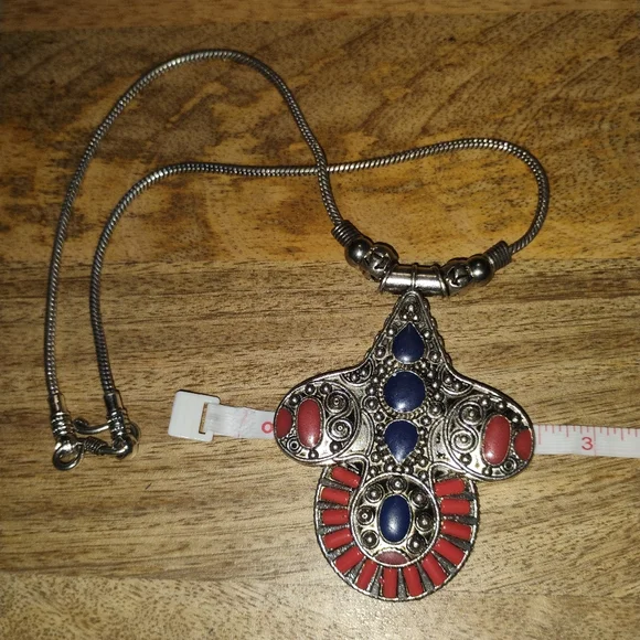 Silver Pendant Necklace with Blue & Coral Red Accents NEW - Picture 6 of 14